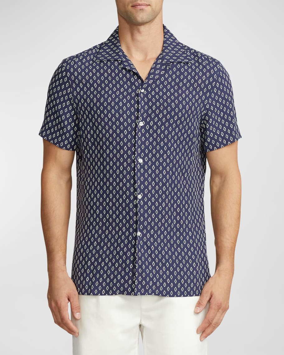 Image 3 of 6: Men's Diamond-Print Linen and Silk Camp Shirt