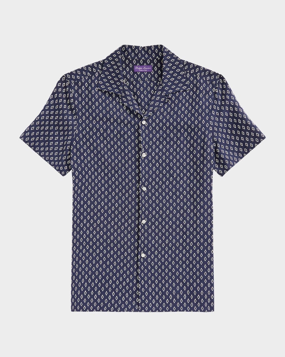 Image 1 of 6: Men's Diamond-Print Linen and Silk Camp Shirt