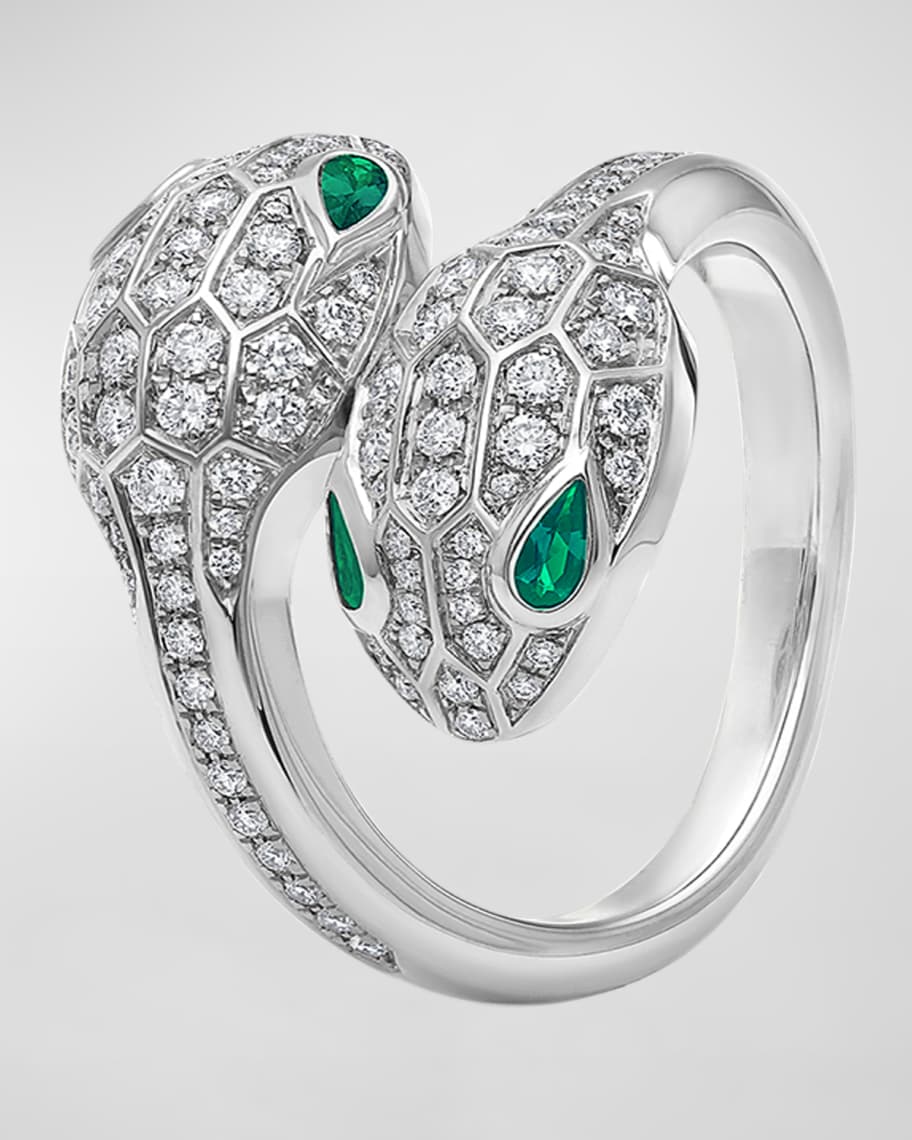 BVLGARI Serpenti Seduttori 18K White Gold Diamond Emerald Ring