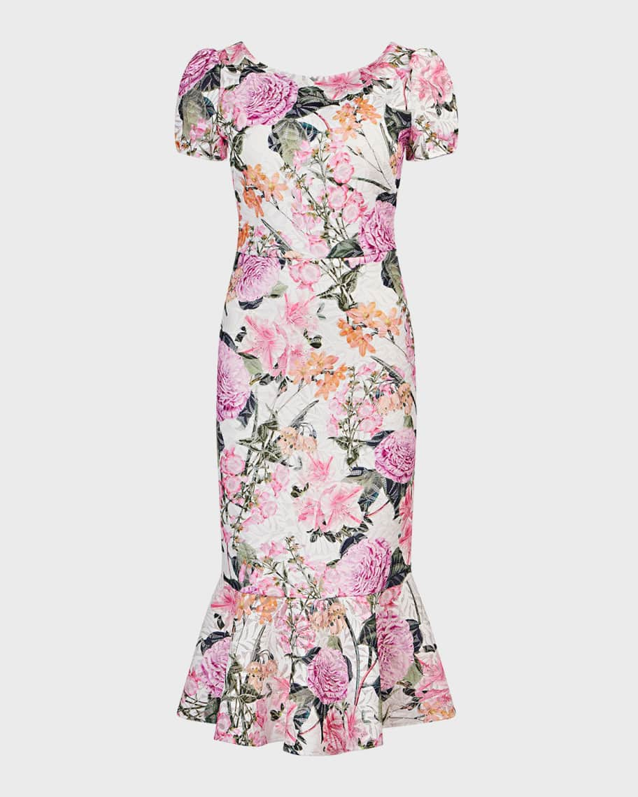 Kay Unger New York Floral-Print Lace Flounce Midi Dress | Neiman Marcus