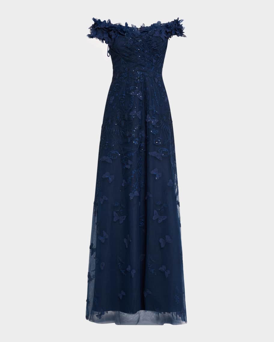 green emerald velvet dress Off the Shoulder Organza Floral Gown main image 0
