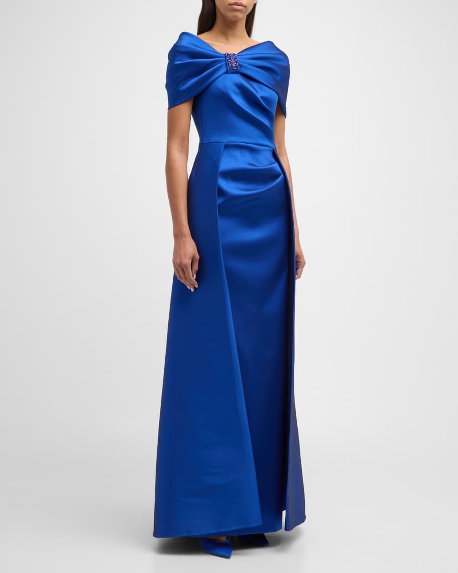 Rickie Freeman for Teri Jon Pleated Off-Shoulder Jewel-Embellished Gown ...