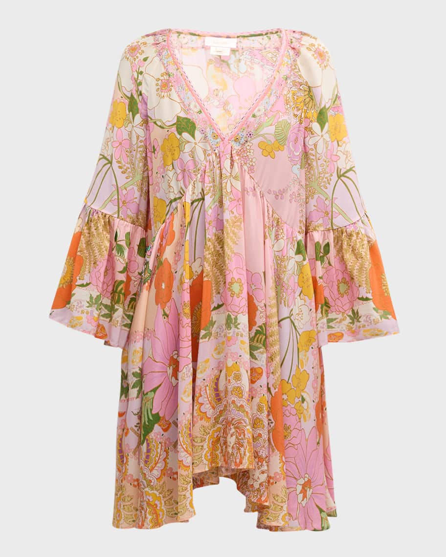 Image 1 of 6: Silk A-Line Ruffle-Sleeve Mini Dress