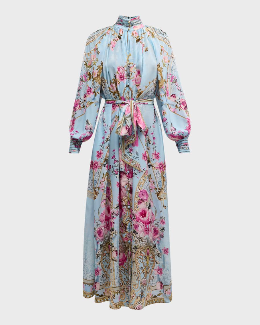 Image 1 of 6: Raglan-Sleeve Floral Silk Midi Shirtdress