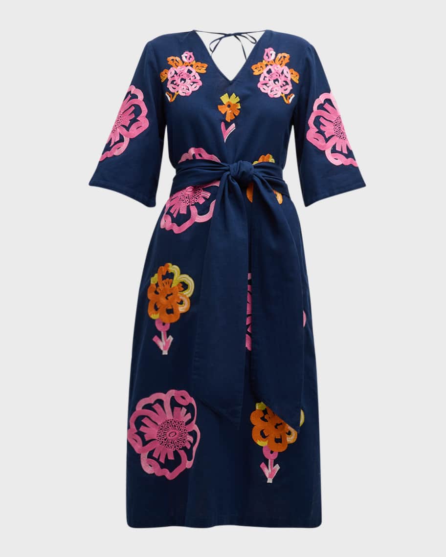 Frances Valentine Emi Floral Embroidered Cotton Linen Midi Dress Neiman Marcus