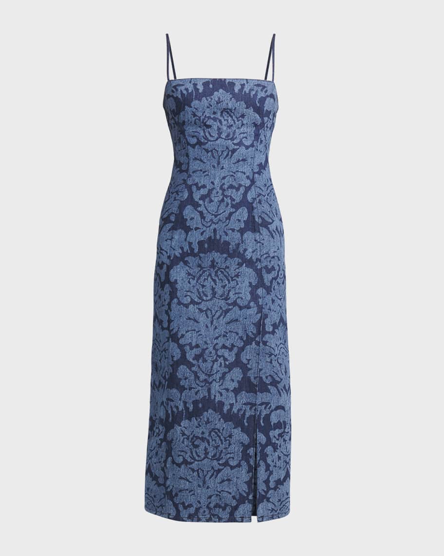 Image 1 of 6: Damask Print Denim Midi Dress