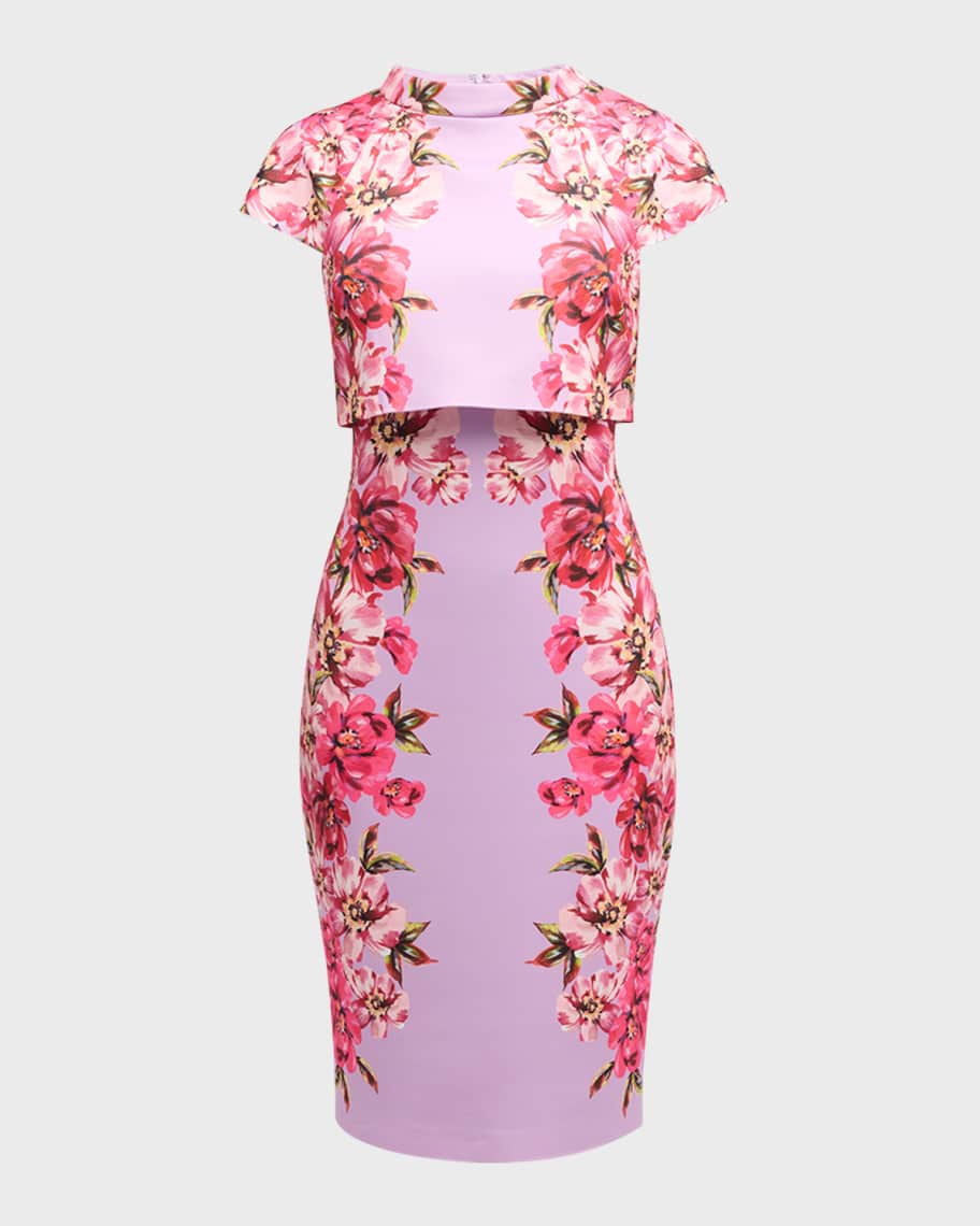 Badgley Mischka Collection Floral-Print Funnel-Neck Bodycon Midi Dress ...