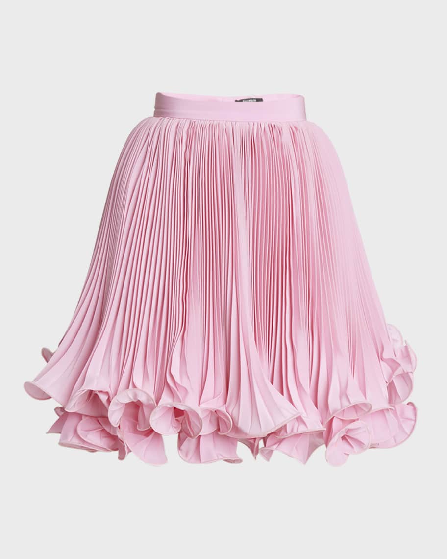 Image 1 of 6: Pleated Crepe Swirl Ruffle Mini Skirt