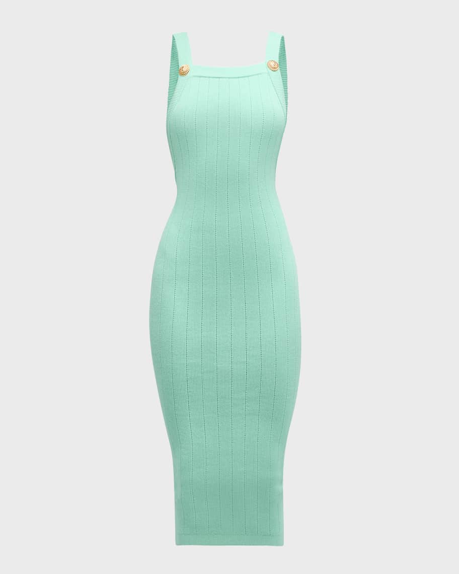 Balmain 2-Button Backless Pointelle Rib Knit Midi Dress | Neiman Marcus