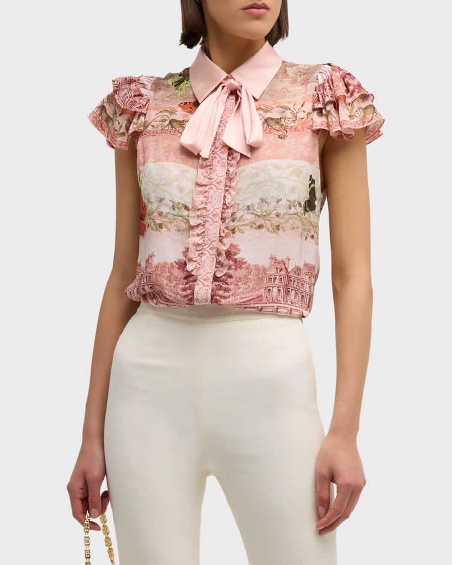 Image 2 of 6: Versailles Minda Ruffle Short-Sleeve Tie Blouse