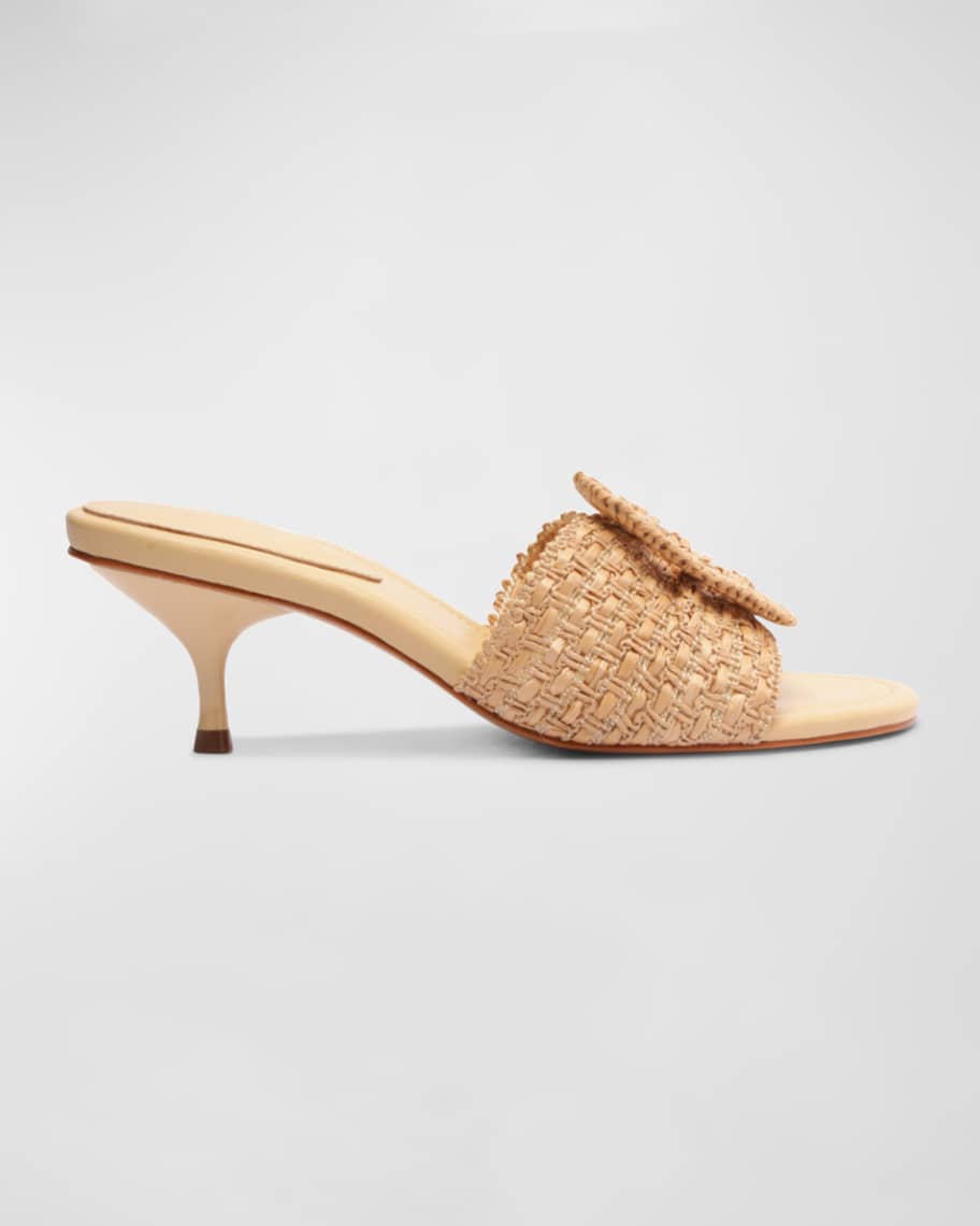 Schutz Cinna Raffia Buckle Kitten-Heel Mule Sandals | Neiman Marcus