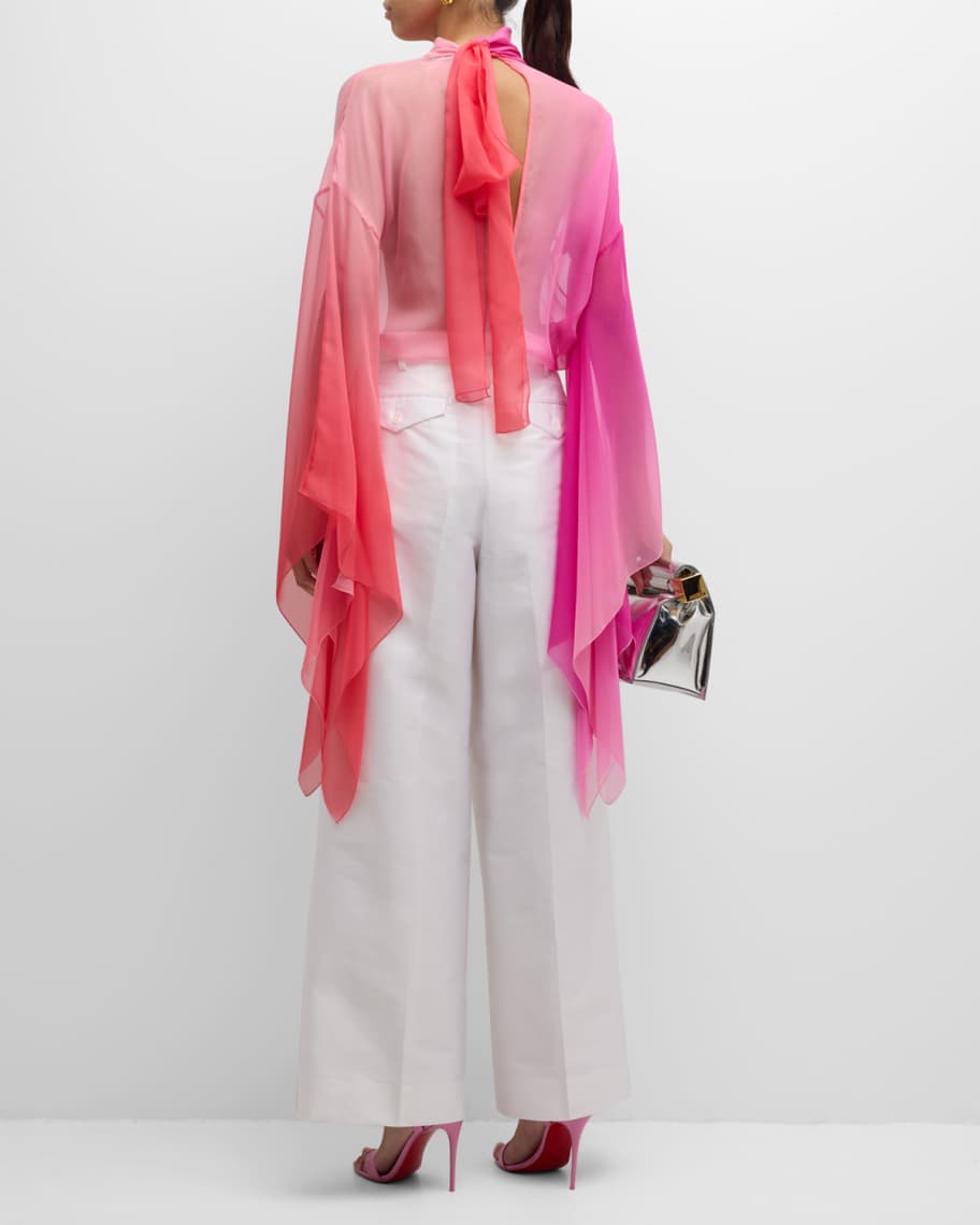 Image 3 of 6: Mock-Neck Bell-Sleeve Ombre Silk Shirt