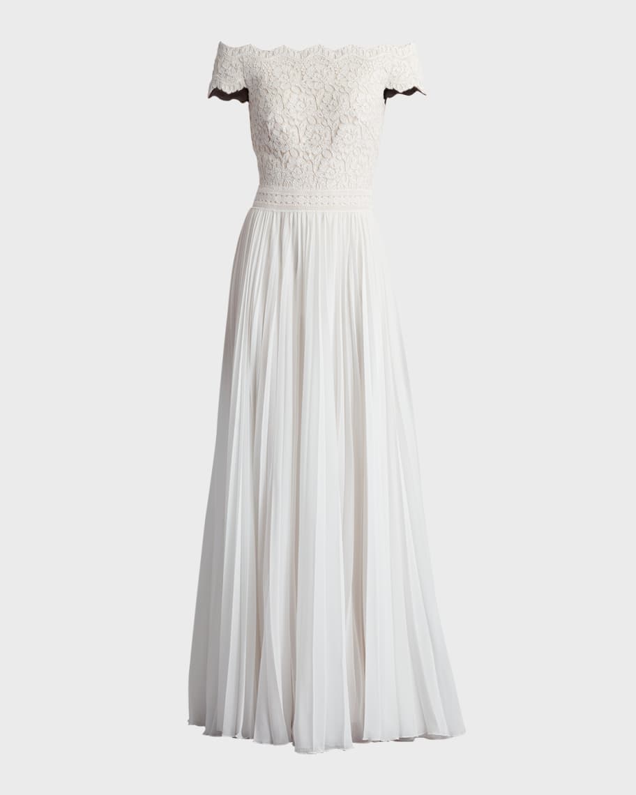 Tadashi Shoji Off-Shoulder Floral Lace & Pleated Chiffon