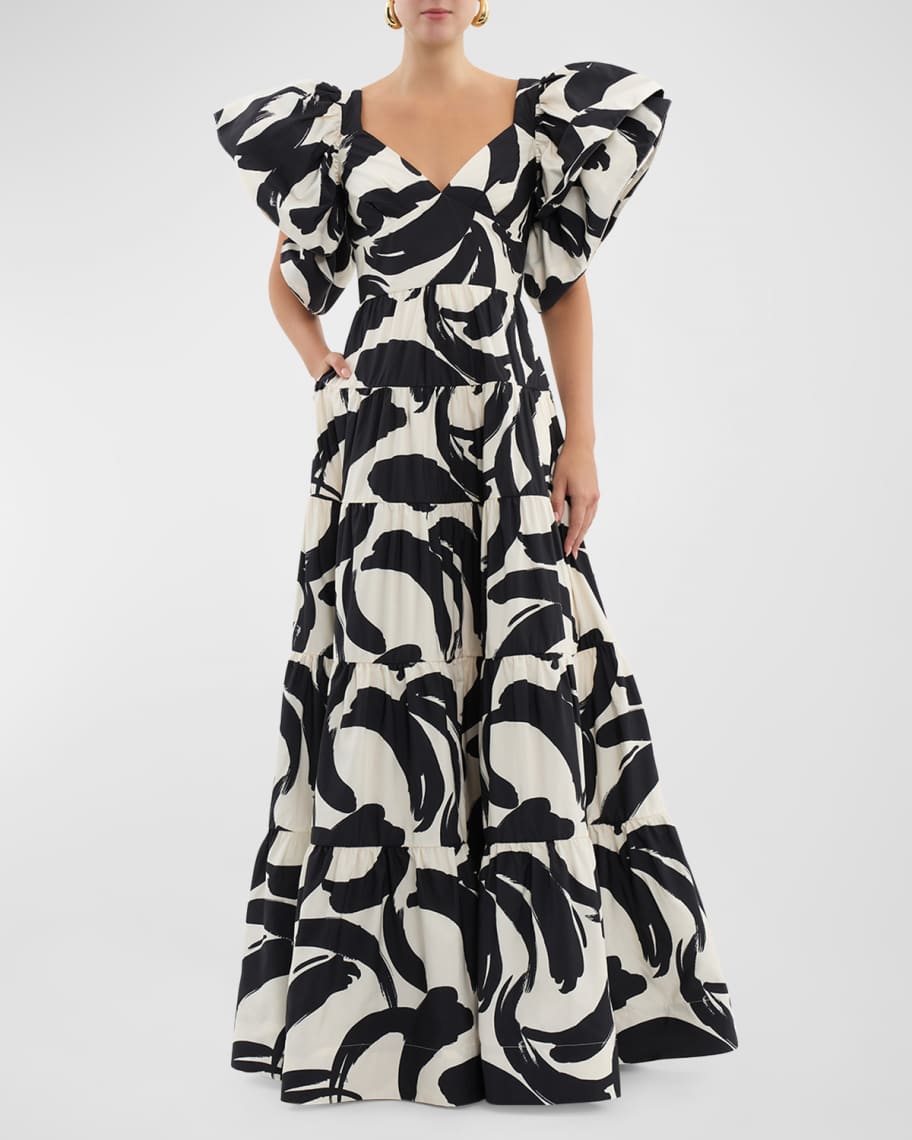 REBECCA VALLANCE Pompidou Tiered Brushstroke-Print Maxi Dress | Neiman ...
