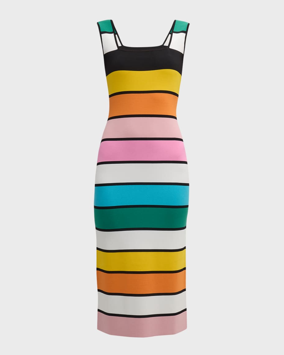 knee length dresses for ladies Black Stripe Midi Dress Long Sleeve Round Neck Rib Knitted main image 0