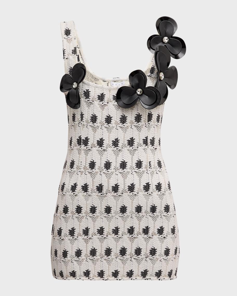 AREA Eye Crochet-Knit Crystal Flower-Applique Mini Tank Dress
