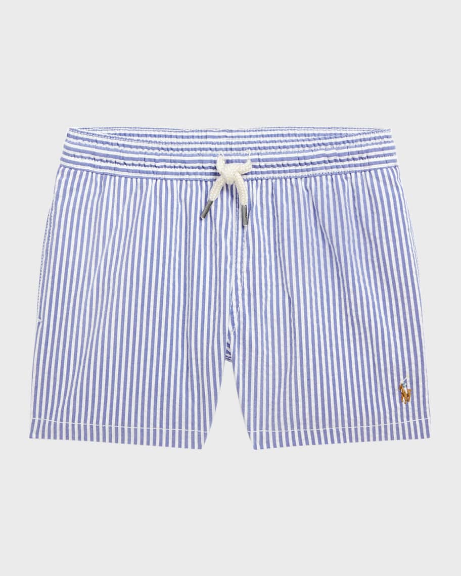Image 1 of 2: Boy's Seersucker Swim Trunks, Size 2-7