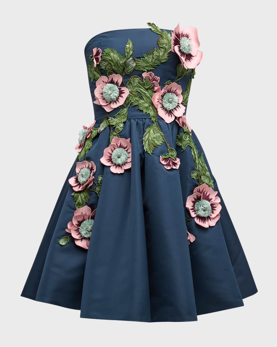 Oscar de la Renta Strapless Hibiscus Embroidered Faille Mini Dress