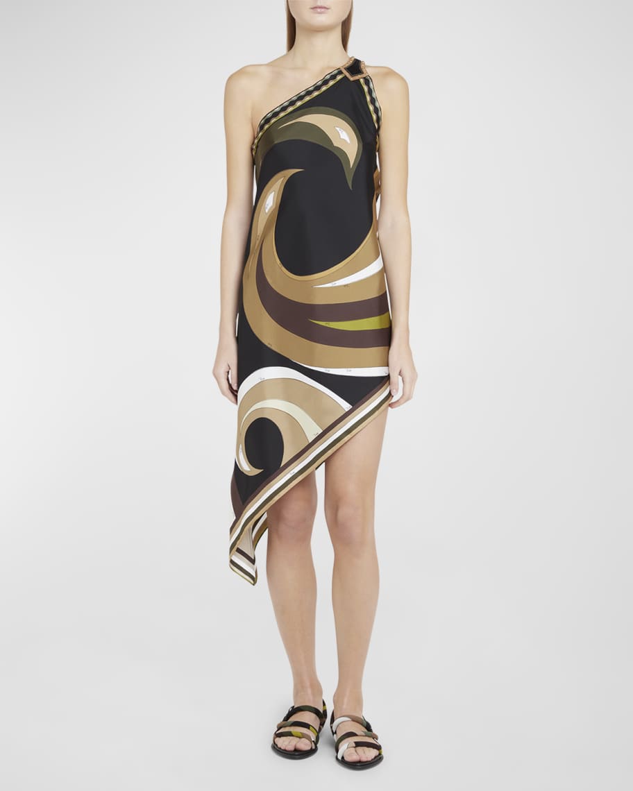 Pucci Swirl-Print One-Shoulder Buckle High-Low Scarf Dress