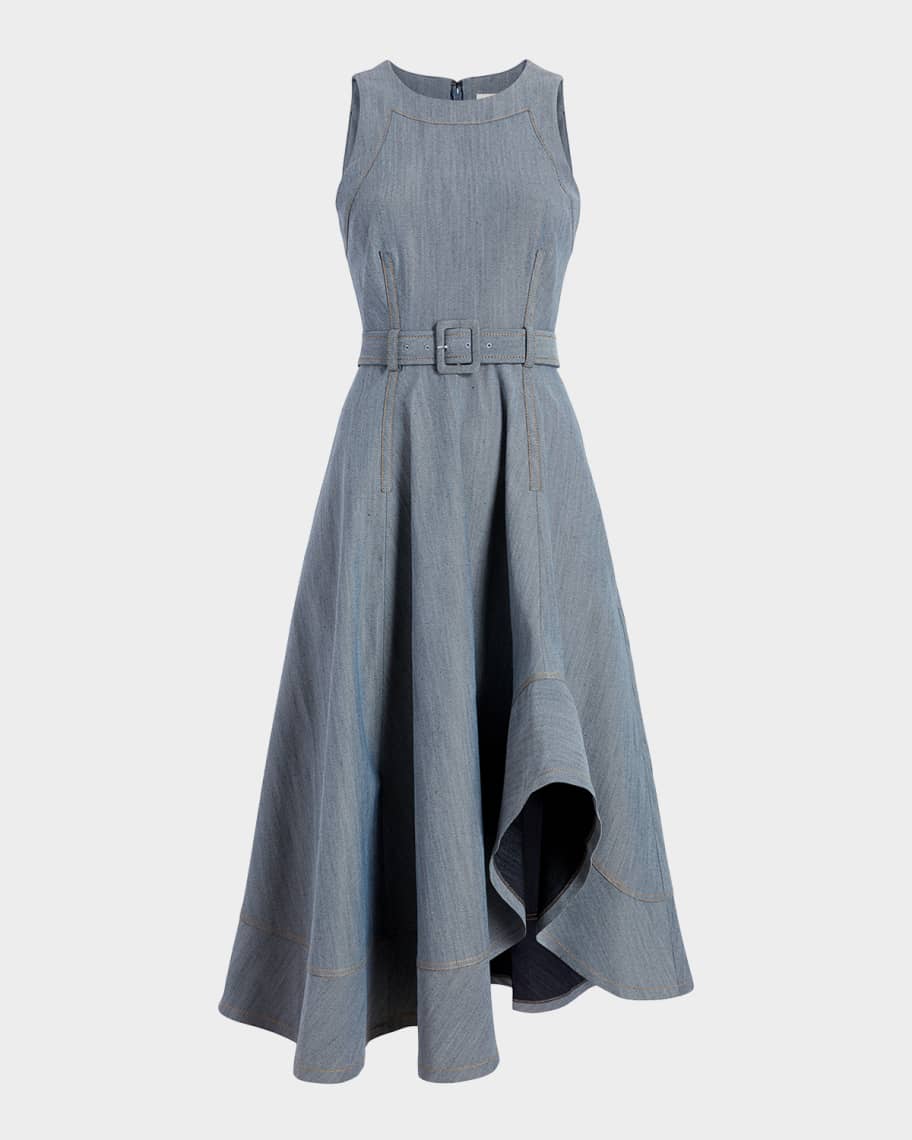 Zelda Belted Asymmetric Sleeveless Denim Midi Dress