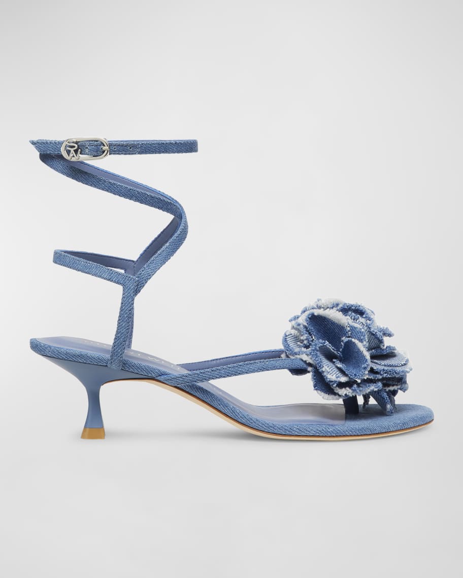 Stuart Weitzman Belize Denim Flower Ankle-Strap Sandals