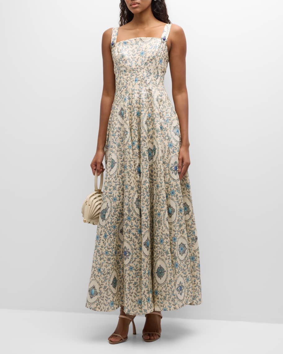Image 1 of 6: Aguamarina Platero Floral Linen Maxi Pinafore Dress
