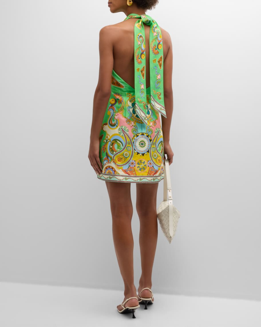 Image 3 of 6: Pinball Backless Tie-Neck Linen Silk Printed Mini Dress