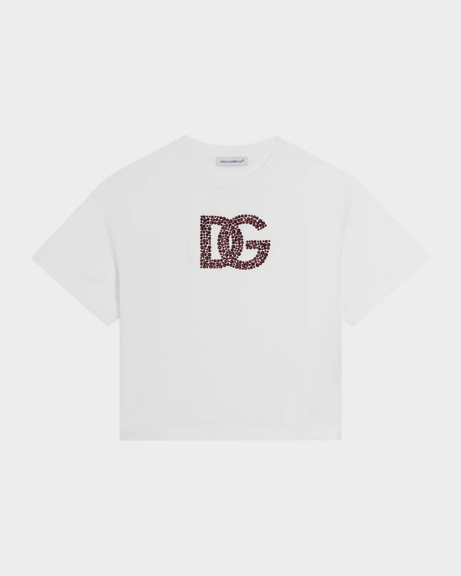 Dolce&Gabbana Girl's Embellished Interlocked Logo-Print T-Shirt