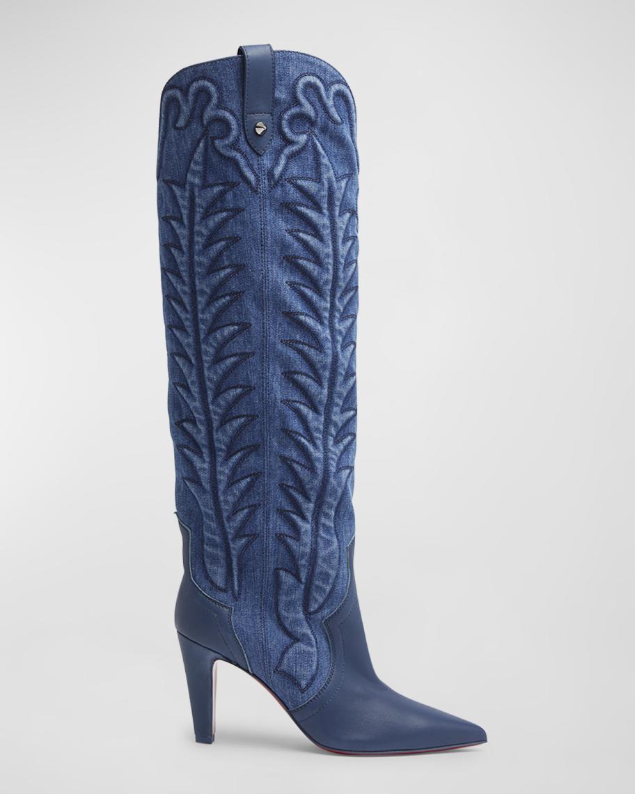 Christian Louboutin 85mm Santia Denim Stitch Knee Boots | Neiman