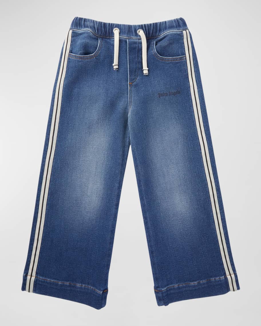 Palm Angels Kid's Logo-Print Track Inspired Denim Pants, Size 14