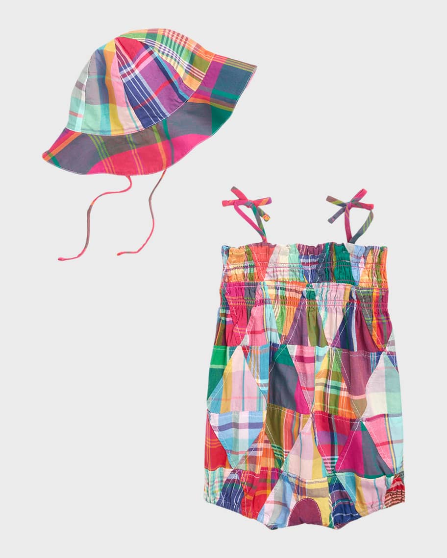 Image 2 of 2: Girl's Multicolor Madras-Print Bubble Romper W/ Bucket Hat, Size 3M-9M