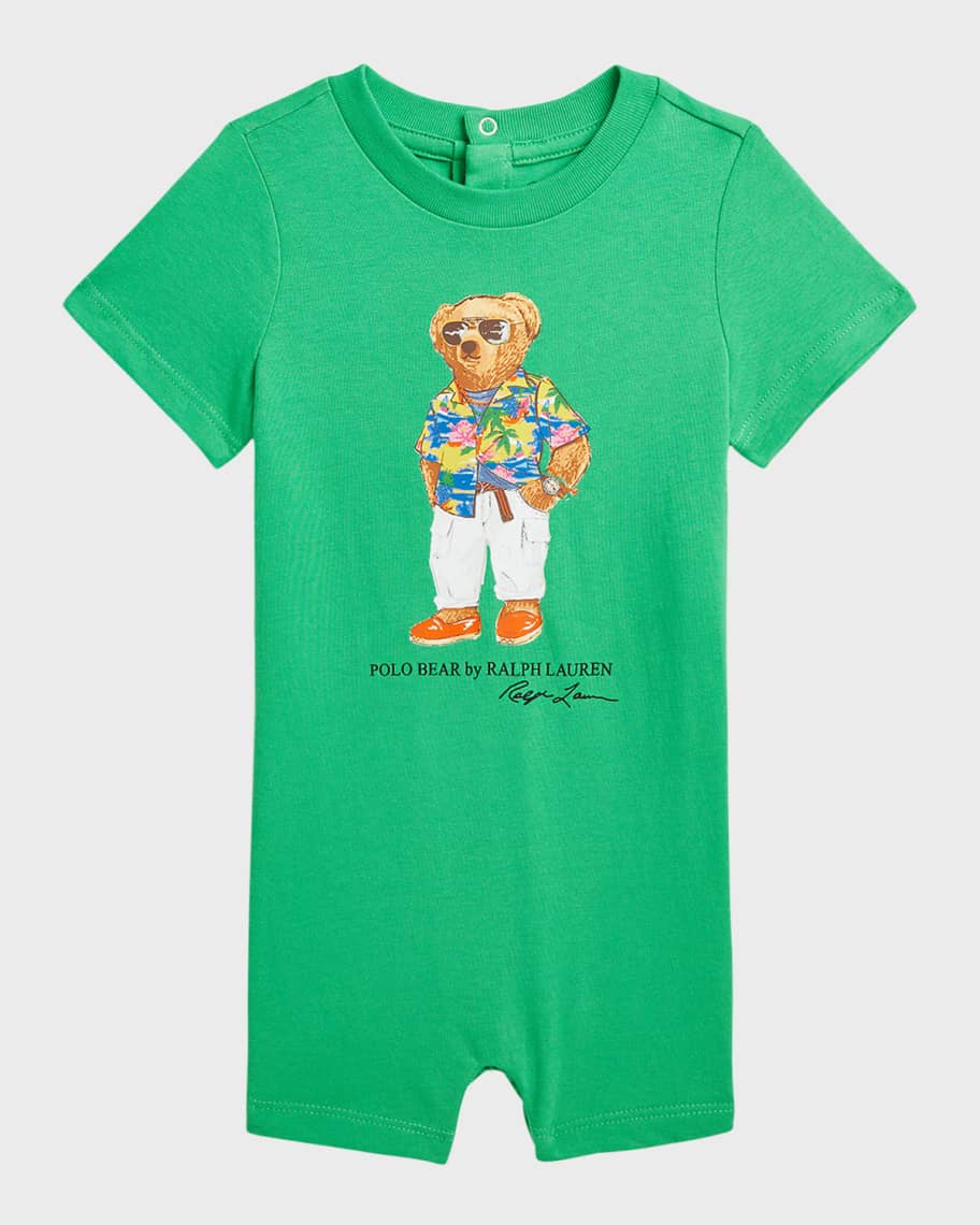 Image 1 of 2: Boy's Polo Bear Short-Sleeve Cotton Jersey Shortall, Size 3M-12M