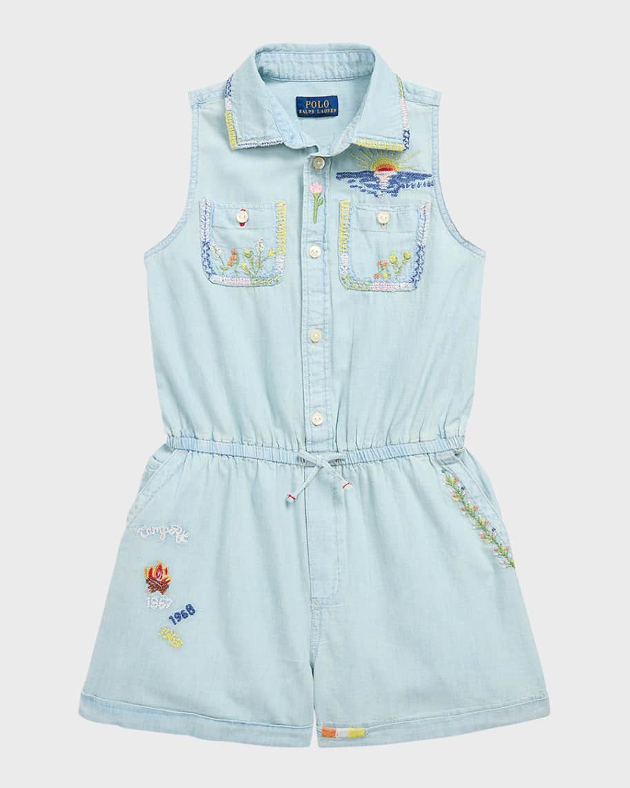 Image 1 of 2: Girl's Chambray Embroidered Romper, Size 7-16