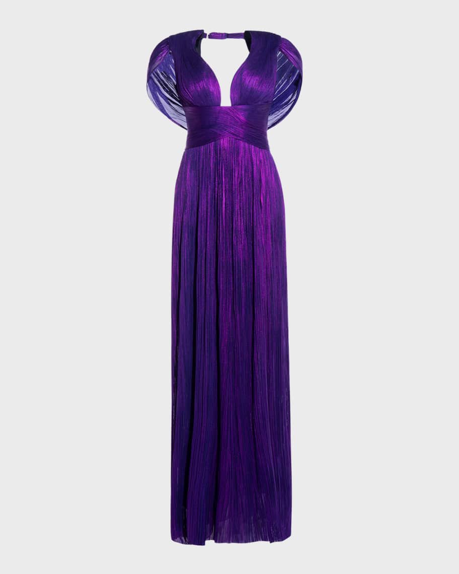 Maria Lucia Hohan Laurel Plunging Drape Backless Metallic Plisse Gown |  Neiman Marcus