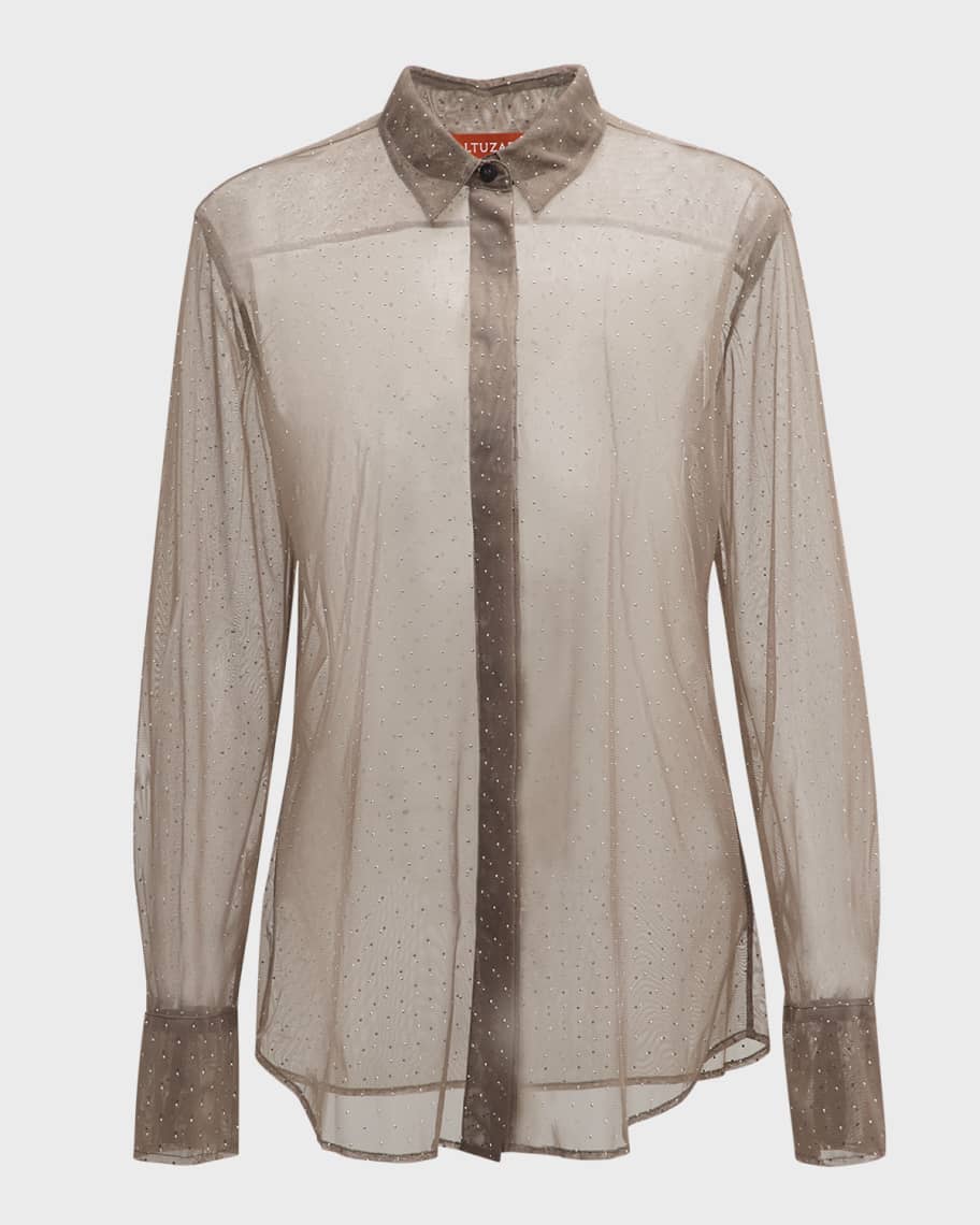 Image 2 of 6: Chika Strass Embellished Mesh Button-Down Top