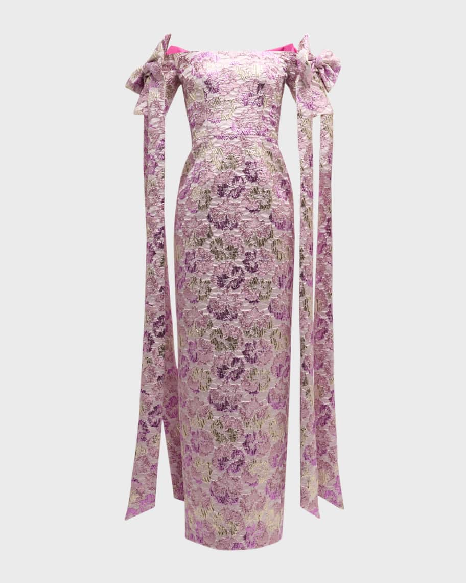 Black Halo Paisley Off-Shoulder Floral Jacquard Bow Gown