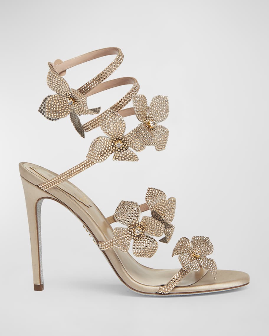 Rene Caovilla Floraine Crystal Flowers Ankle-Wrap Sandals