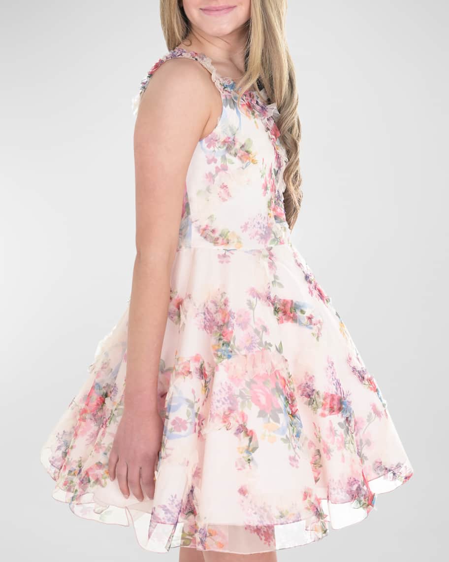 【ffry】 zoe Zoe Girl's Ruffle Trim 3D Floral-Print Dress, Size 7-16