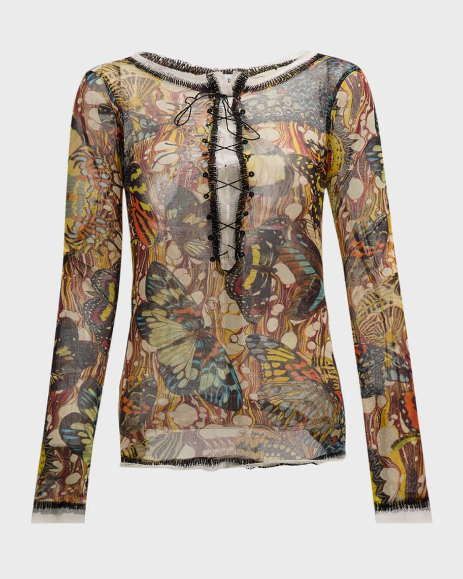 Jean Paul Gaultier Butterfly Mesh Lace-Up Top | Neiman Marcus