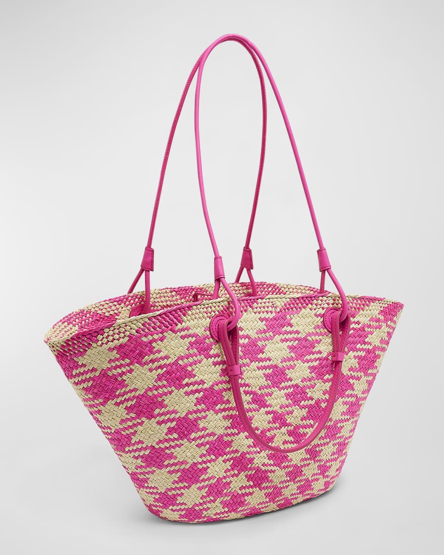 Image 3 of 5: x Paula’s Ibiza Medium Anagram Basket Tote Bag in Checkered Iraca Palm with Leather Handles