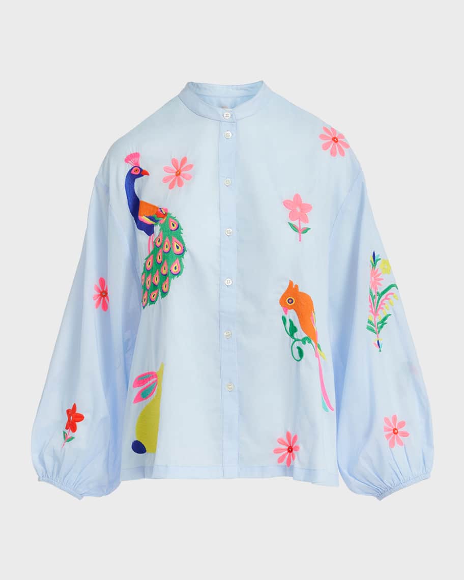 Image 1 of 5: Felhi Multicolor Embroidered Organic Cotton Button-Front Shirt