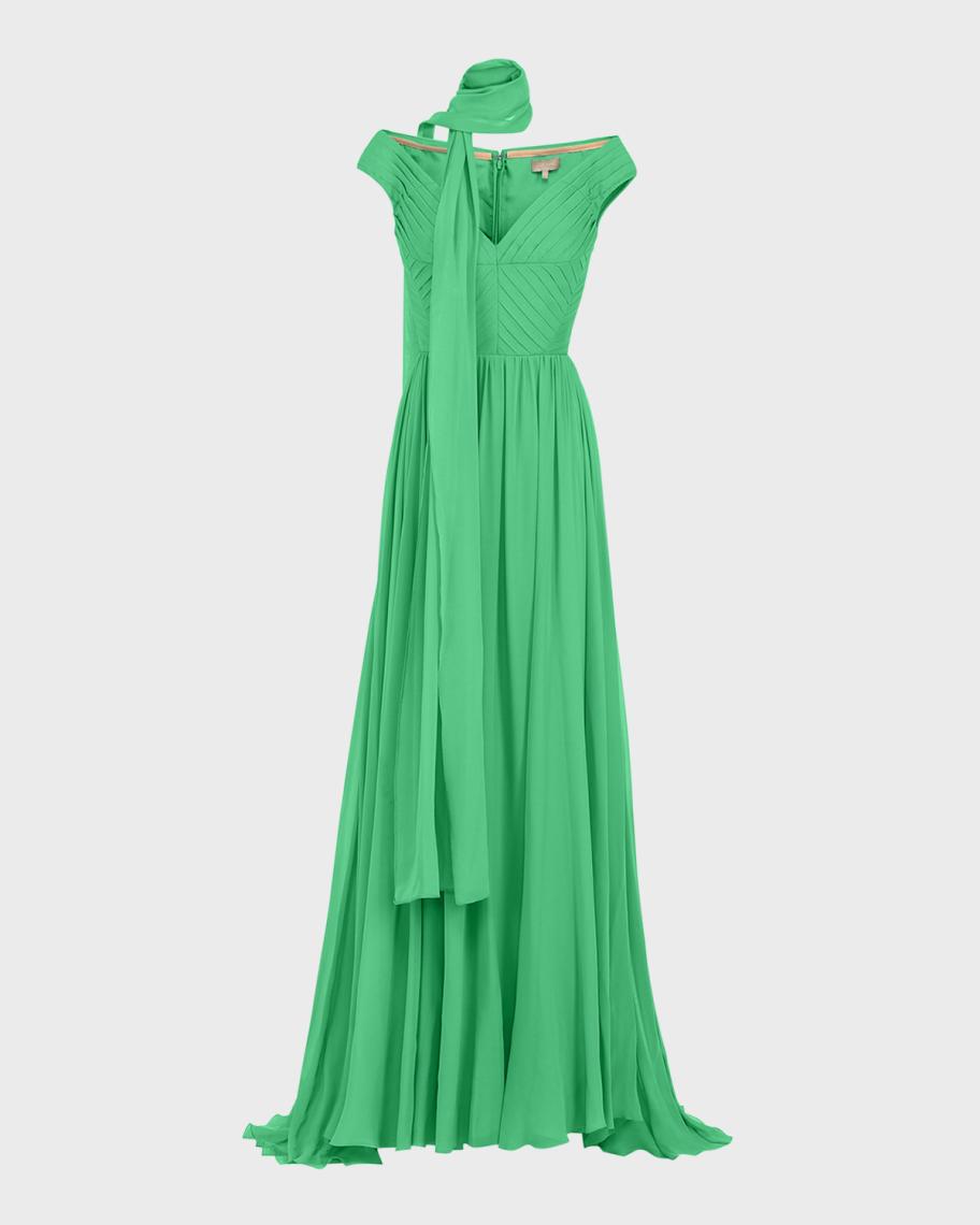 elie saab green dress NWT Elie Saab Runway Pine Green Ruffle Silk Maxi Dress FR 38 Tie Waist High  Slit