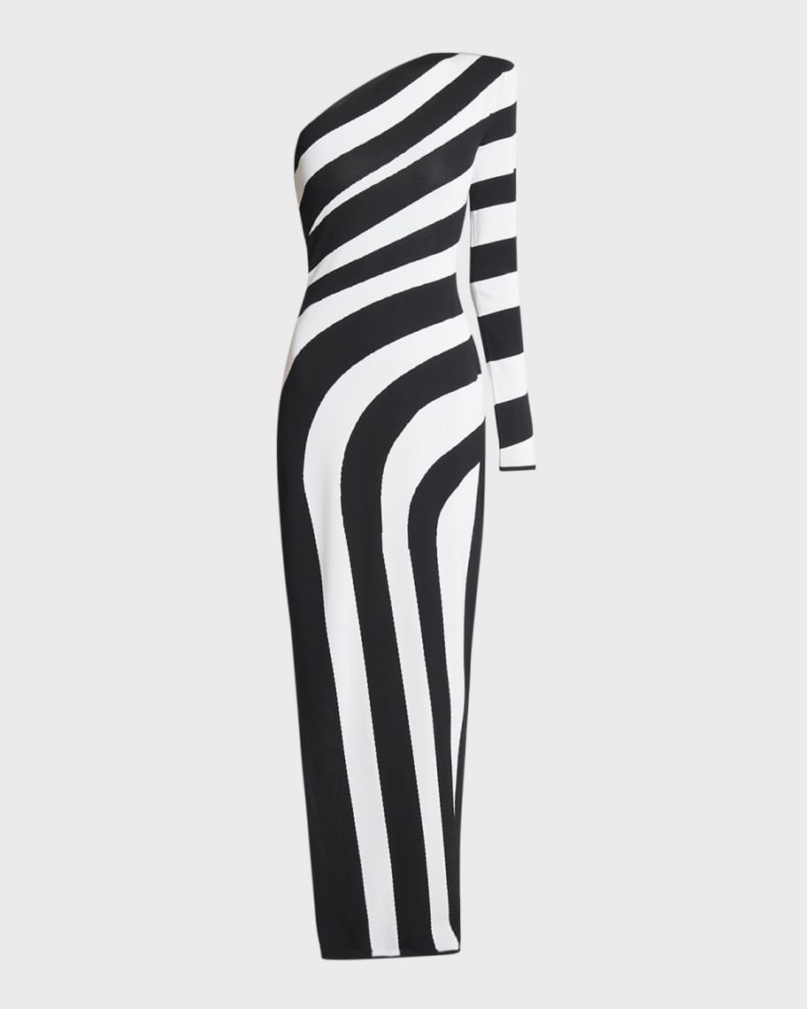 Balmain One-Shoulder Striped Knit Gown with Slit | Neiman Marcus