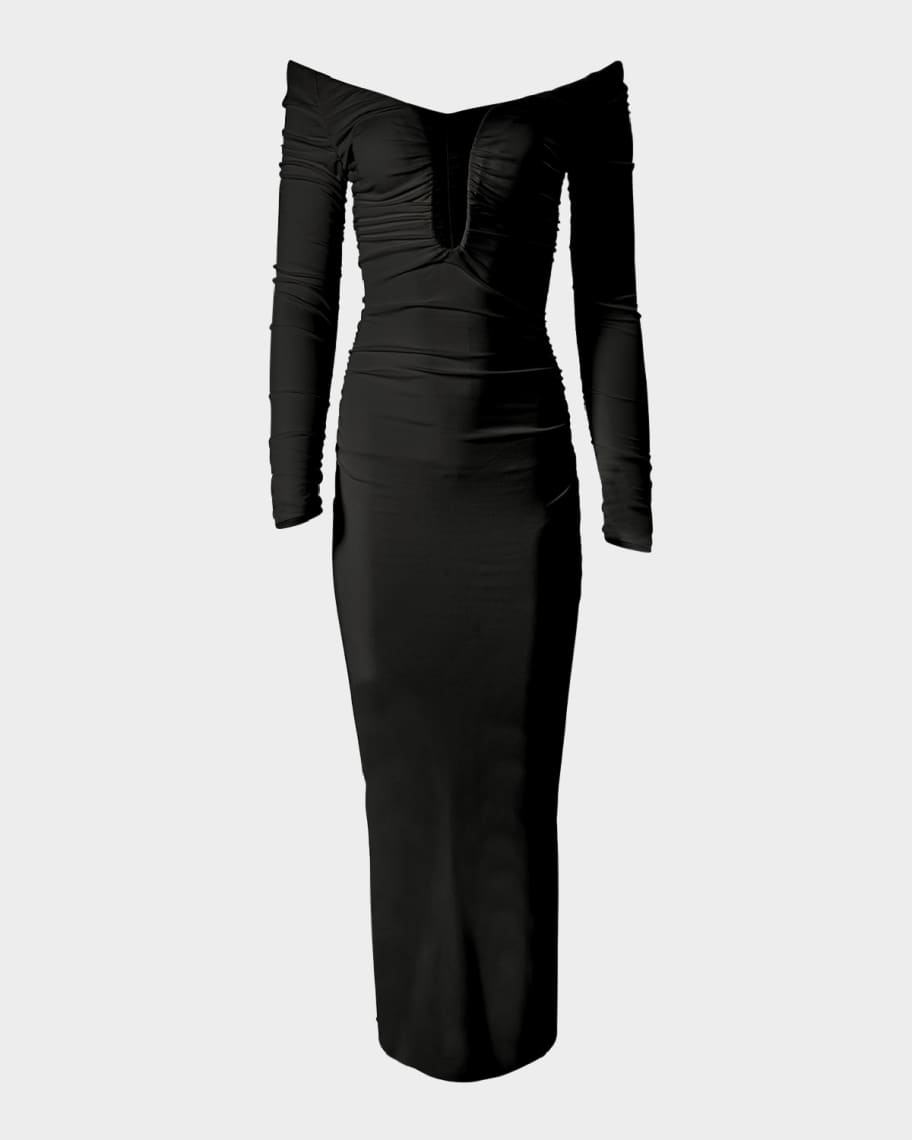 Carolina Herrera Plunging Off-the-Shoulder Long-Sleeve Ruched Midi Dress |  Neiman Marcus