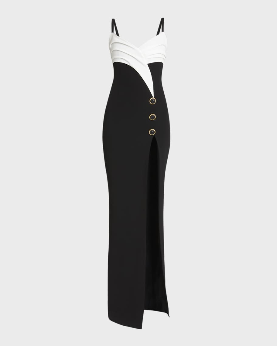 balmain v neck tie waist panelled crepe gown