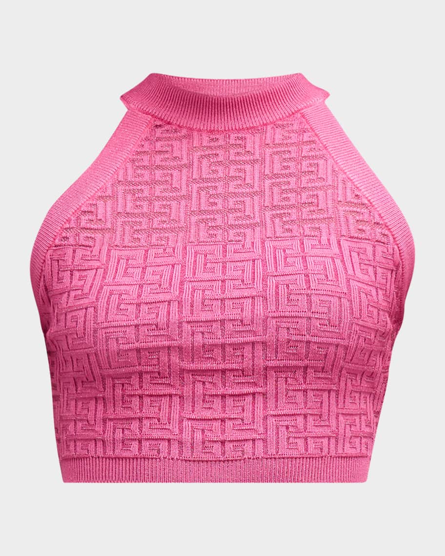 Balmain Halterneck Metallic Monogran Knit Crop Top Neiman - Main Image