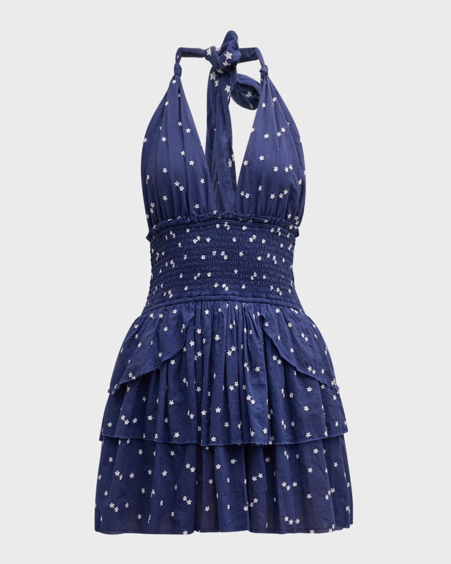 Image 1 of 6: Deanna Tiered Ruffle Backless Mini Halter Dress