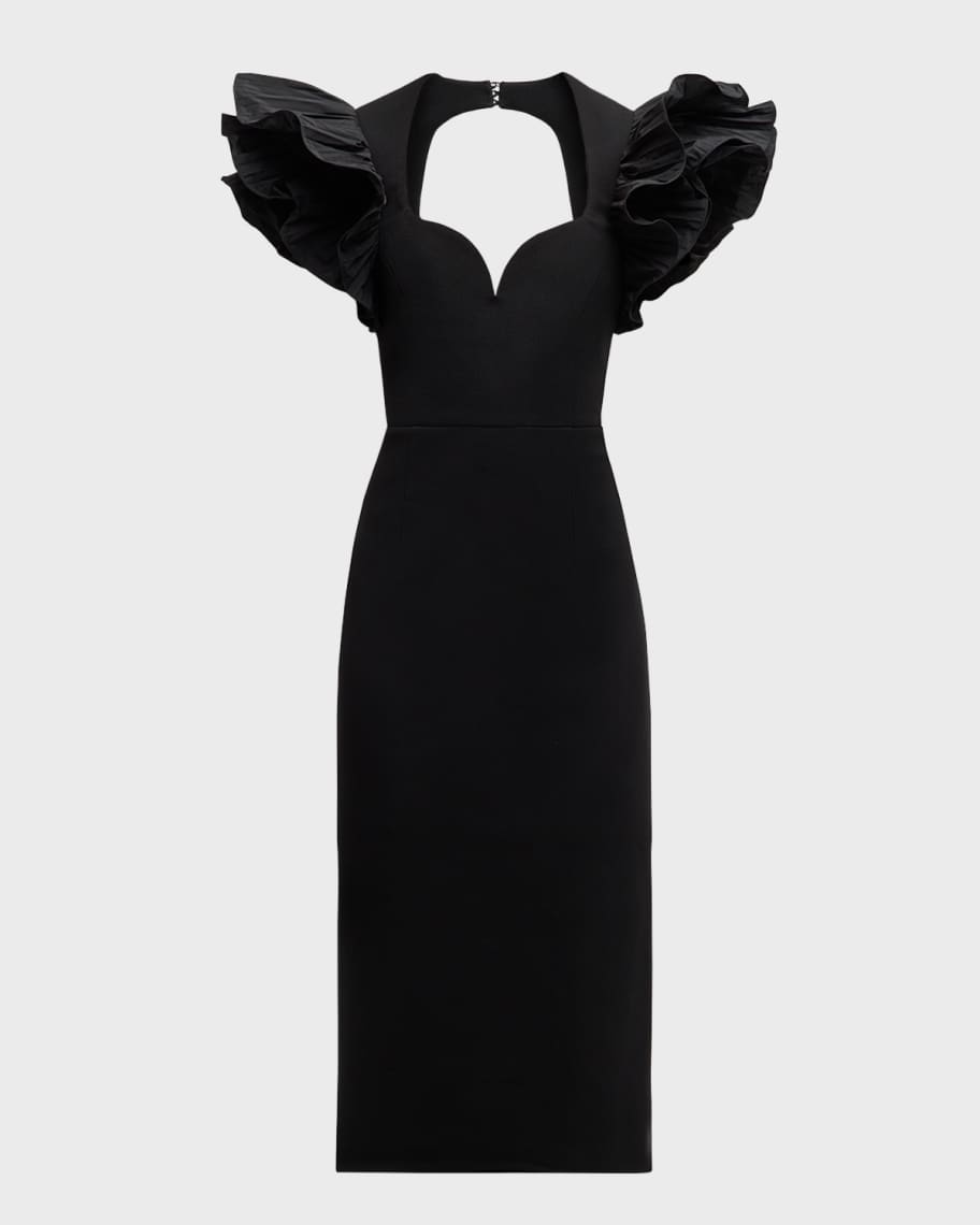 REBECCA VALLANCE Ella Puff Ruffle-Sleeve Midi Dress | Neiman
