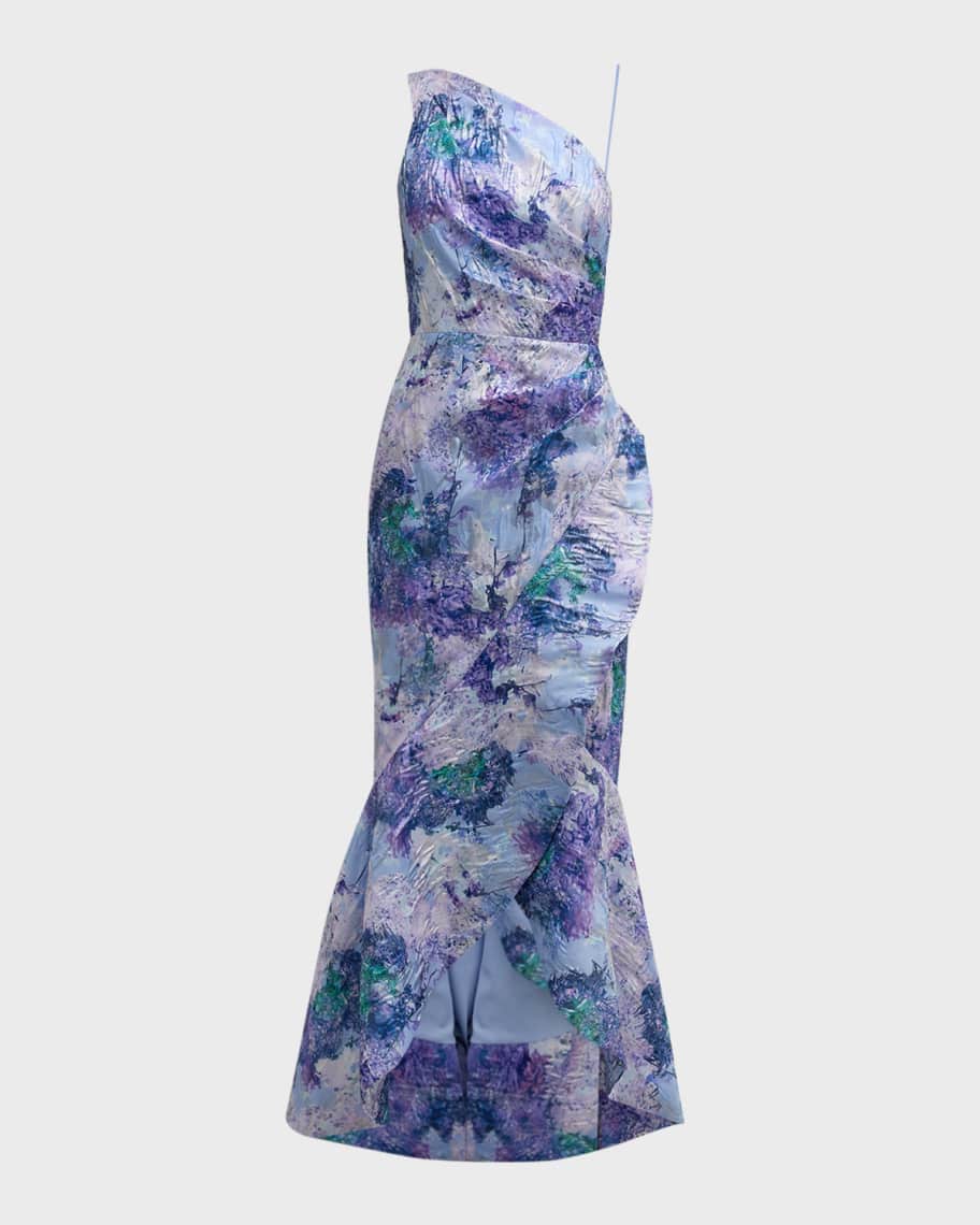 Rickie Freeman for Teri Jon One-Shoulder Ruffle Metallic Jacquard Gown