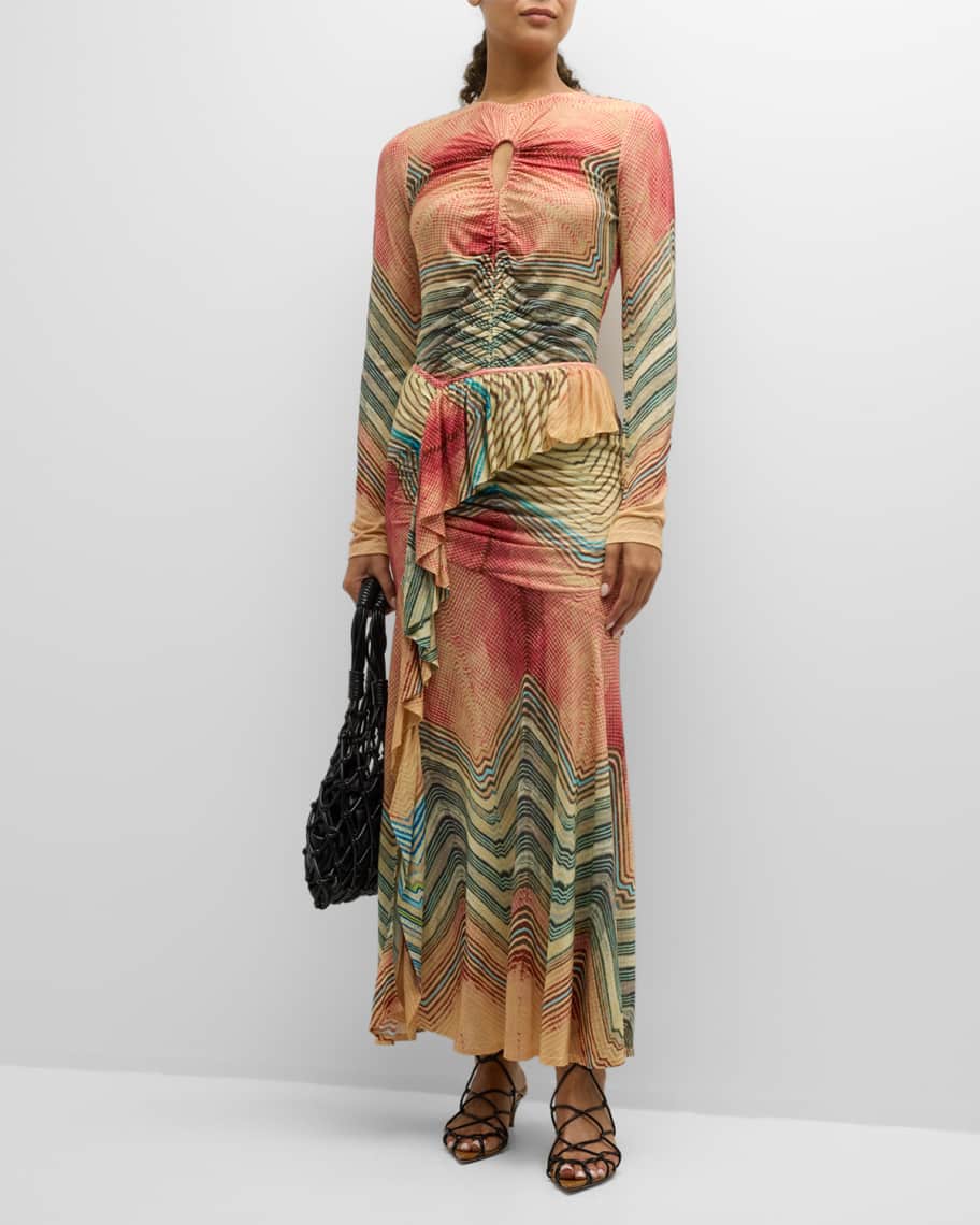 Image 2 of 6: Alyssa Ruffled Chevron Stripe Midi Skirt